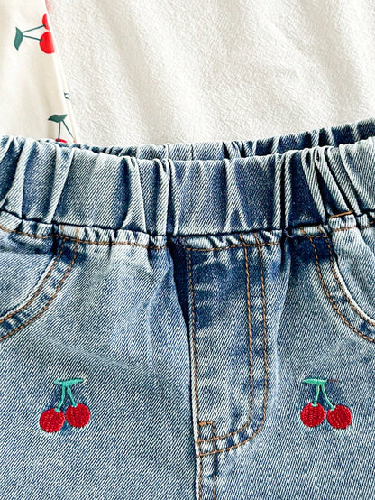 Vintaside Kids Baby Girls Fashionable Cherry Print Strap Vest And Shorts Set, Embroidered Pattern Cherry Baby Outfit