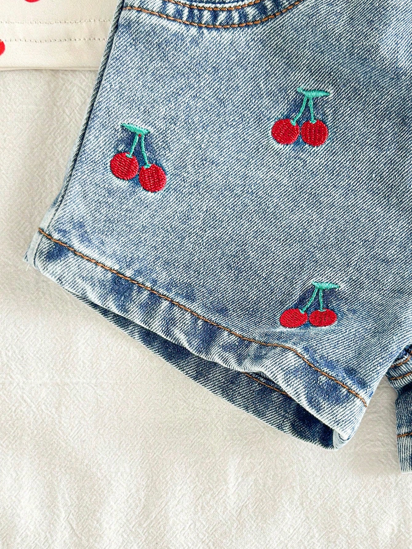 Vintaside Kids Baby Girls Fashionable Cherry Print Strap Vest And Shorts Set, Embroidered Pattern Cherry Baby Outfit