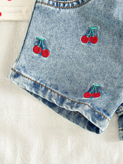 Vintaside Kids Baby Girls Fashionable Cherry Print Strap Vest And Shorts Set, Embroidered Pattern Cherry Baby Outfit