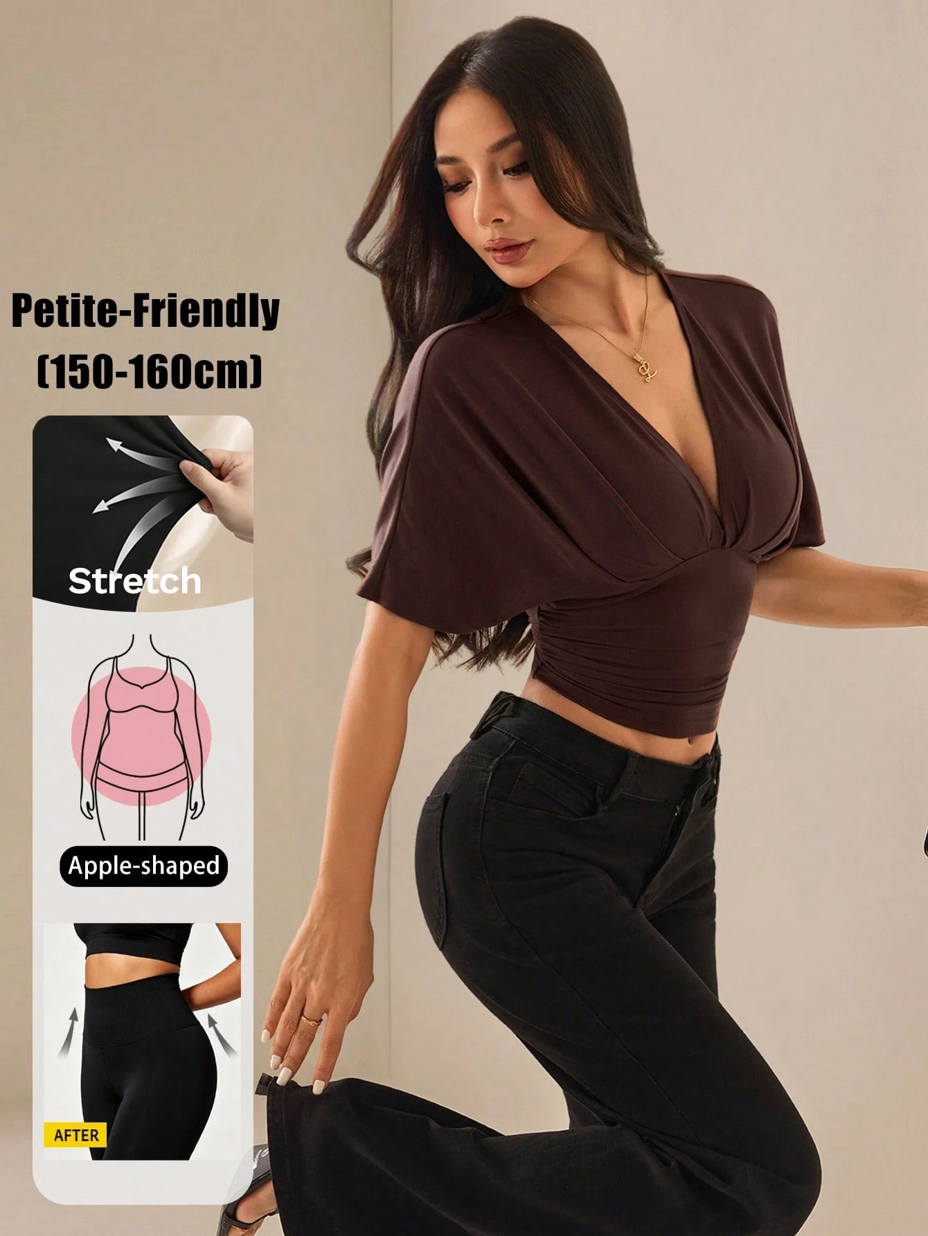 Vivamere Brown Bat Print V-Neck Short Sleeve Knit Top, Solid Color Commuting Night T-Shirt, Summer Outfits, Going Out, Petite Women Sexy Elegant