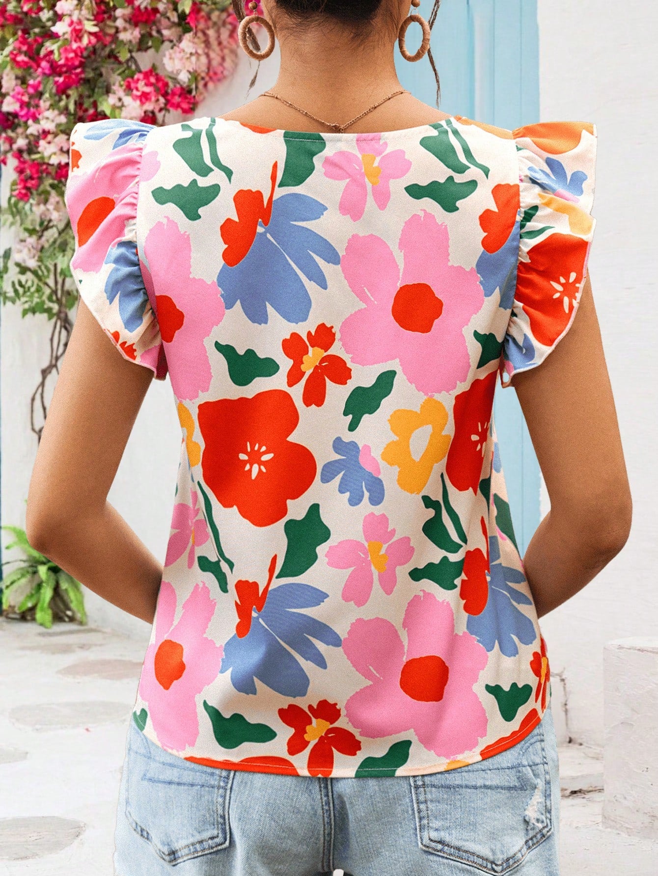 Vivid Eden Holiday Style Regular Round Neck Women's Blouse With Woven Printed Cap Sleeves,Women Summer Clothing,Vacation Style,For Beach Vacation