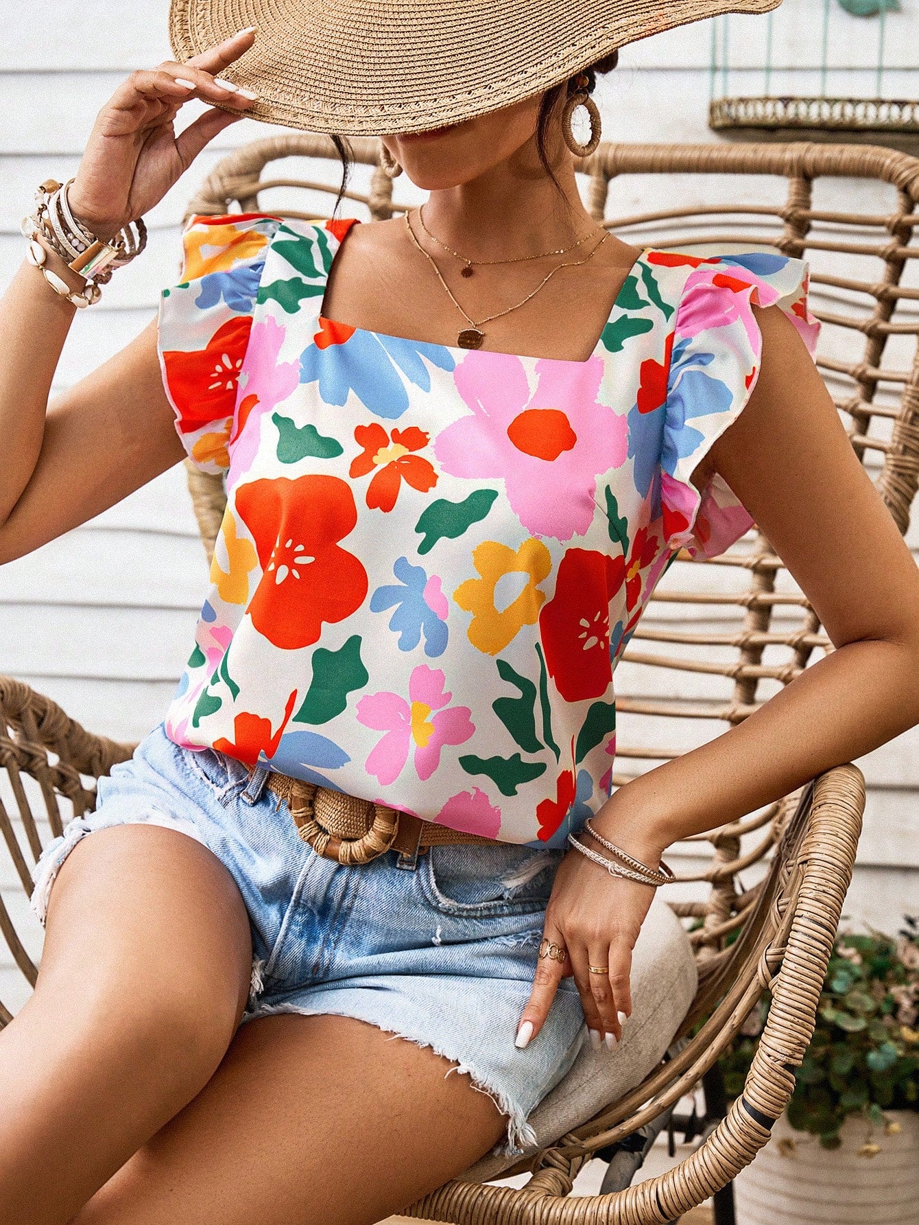 Vivid Eden Holiday Style Regular Round Neck Women's Blouse With Woven Printed Cap Sleeves,Women Summer Clothing,Vacation Style,For Beach Vacation
