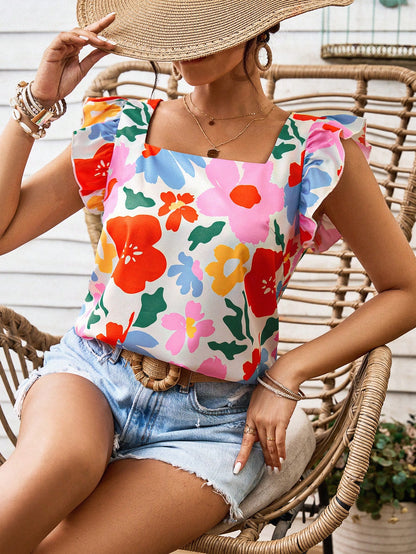 Vivid Eden Holiday Style Regular Round Neck Women's Blouse With Woven Printed Cap Sleeves,Women Summer Clothing,Vacation Style,For Beach Vacation