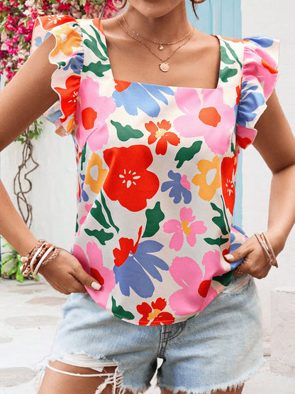 Vivid Eden Holiday Style Regular Round Neck Women's Blouse With Woven Printed Cap Sleeves,Women Summer Clothing,Vacation Style,For Beach Vacation