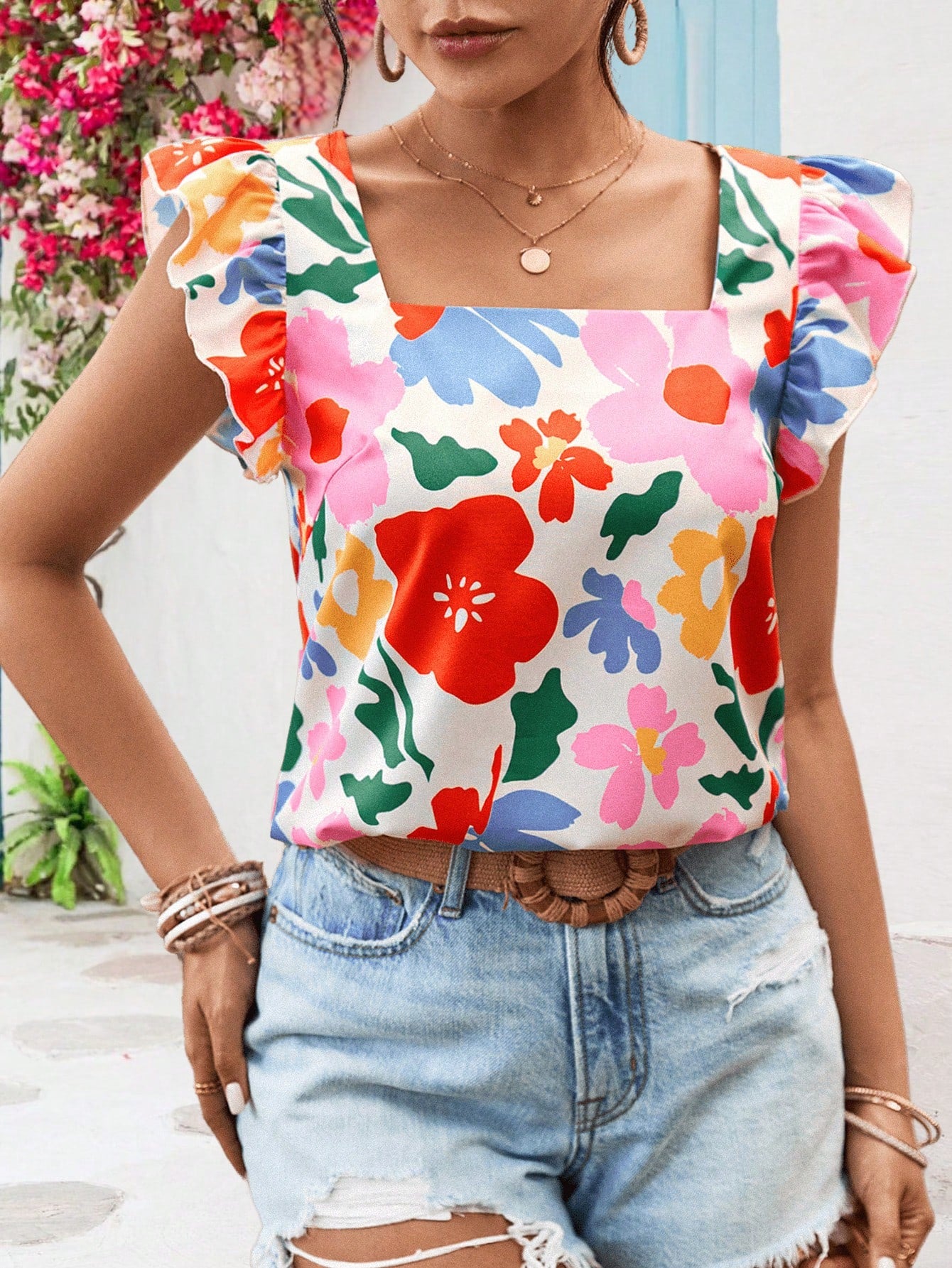 Vivid Eden Holiday Style Regular Round Neck Women's Blouse With Woven Printed Cap Sleeves,Women Summer Clothing,Vacation Style,For Beach Vacation