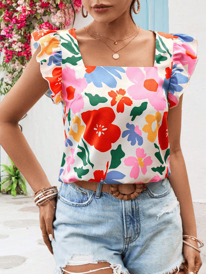 Vivid Eden Holiday Style Regular Round Neck Women's Blouse With Woven Printed Cap Sleeves,Women Summer Clothing,Vacation Style,For Beach Vacation