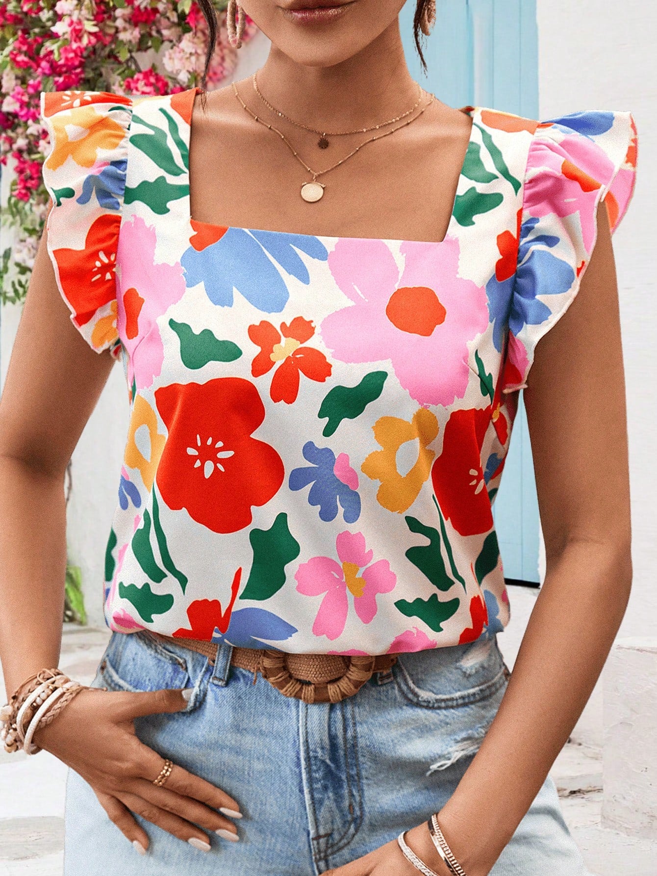 Vivid Eden Holiday Style Regular Round Neck Women's Blouse With Woven Printed Cap Sleeves,Women Summer Clothing,Vacation Style,For Beach Vacation