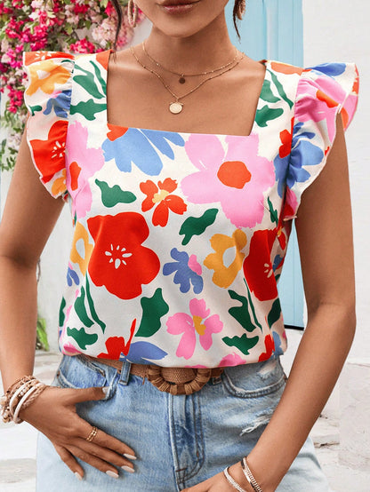 Vivid Eden Holiday Style Regular Round Neck Women's Blouse With Woven Printed Cap Sleeves,Women Summer Clothing,Vacation Style,For Beach Vacation