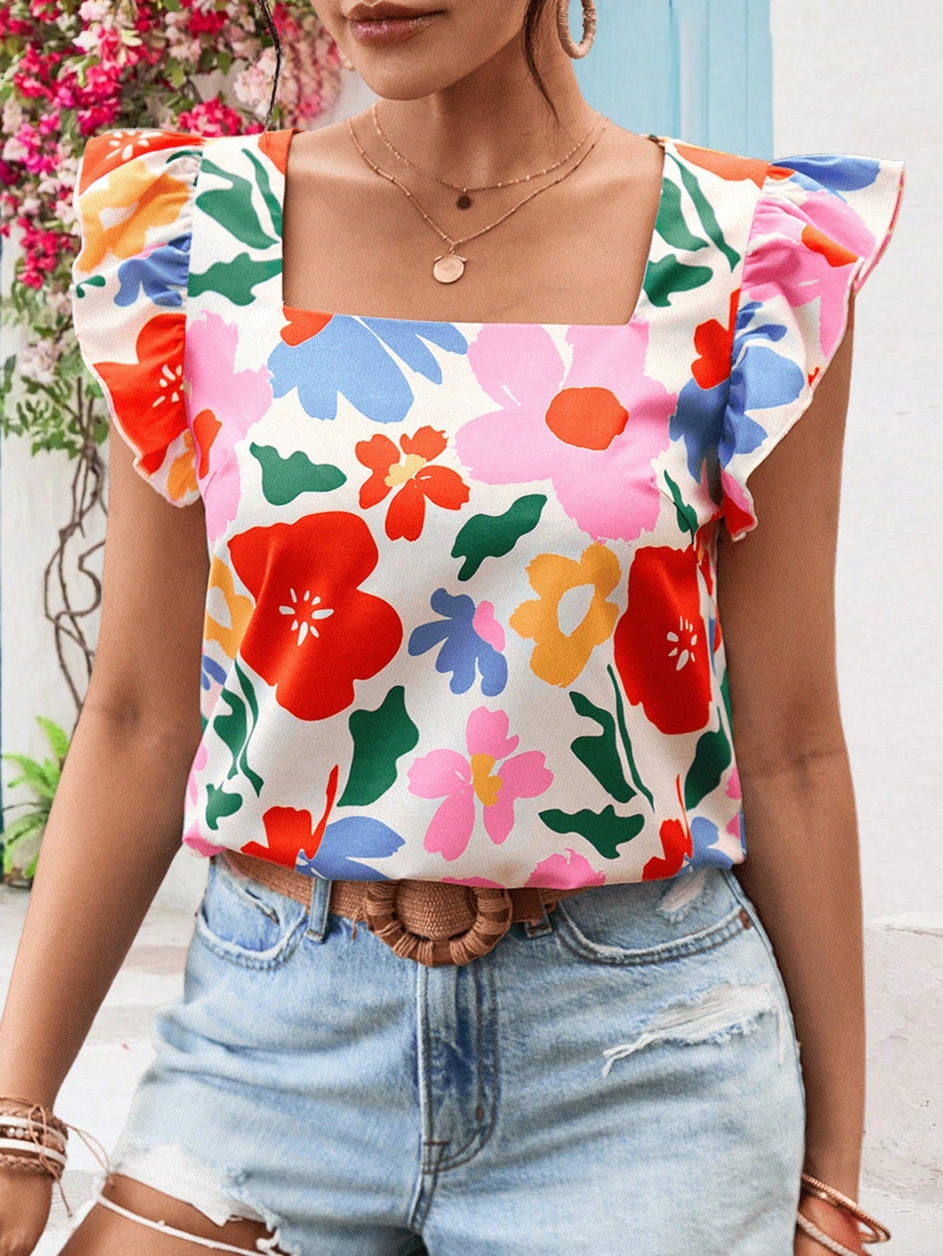 Vivid Eden Holiday Style Regular Round Neck Women's Blouse With Woven Printed Cap Sleeves,Women Summer Clothing,Vacation Style,For Beach Vacation