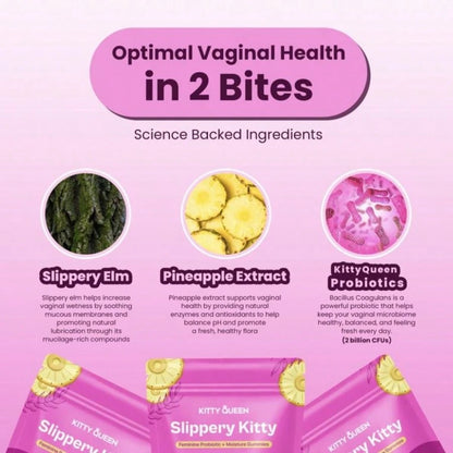VPOAJ Slippery Kitty Feminine Probiotic + Moisture Gummies- All In One Solution With Slippery Elm 60 Count Pineapple Flavor