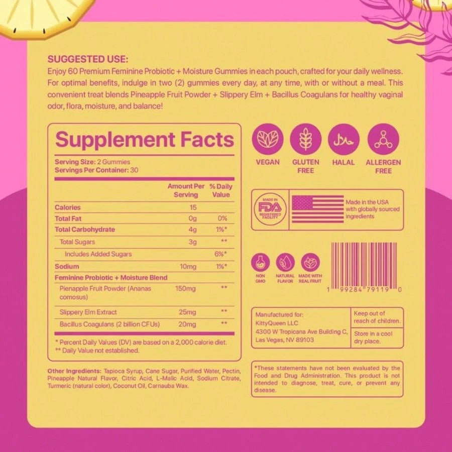 VPOAJ Slippery Kitty Feminine Probiotic + Moisture Gummies- All In One Solution With Slippery Elm 60 Count Pineapple Flavor