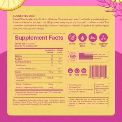 VPOAJ Slippery Kitty Feminine Probiotic + Moisture Gummies- All In One Solution With Slippery Elm 60 Count Pineapple Flavor