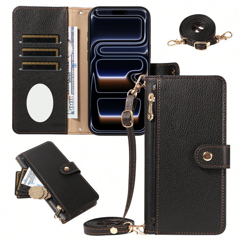 Wallet Card Holder Leather Solid Color Black Leather Wallet 1pc Flip Cover Protective Case Compatible With Apple 17 ProMax/16/15/14/13/12/11 Pro, A56, Compatible With Redmi NOTE 14 PRO 5G, With Card S
