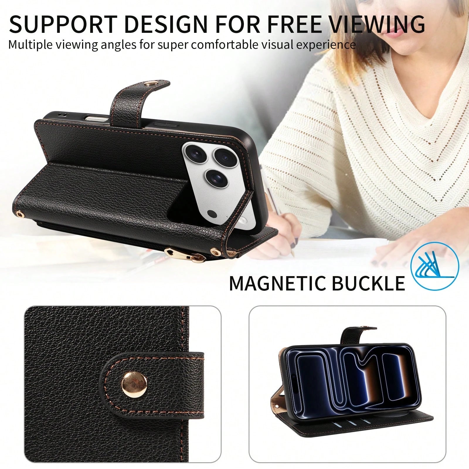 Wallet Card Holder Leather Solid Color Black Leather Wallet 1pc Flip Cover Protective Case Compatible With Apple 17 ProMax/16/15/14/13/12/11 Pro, A56, Compatible With Redmi NOTE 14 PRO 5G, With Card S