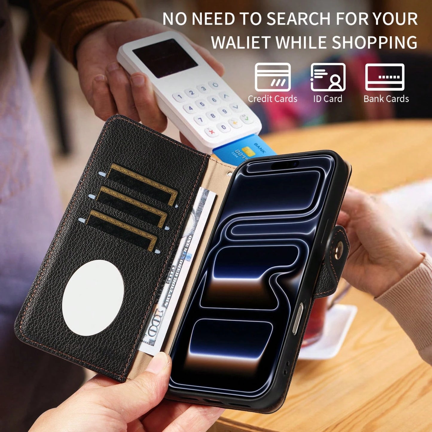 Wallet Card Holder Leather Solid Color Black Leather Wallet 1pc Flip Cover Protective Case Compatible With Apple 17 ProMax/16/15/14/13/12/11 Pro, A56, Compatible With Redmi NOTE 14 PRO 5G, With Card S