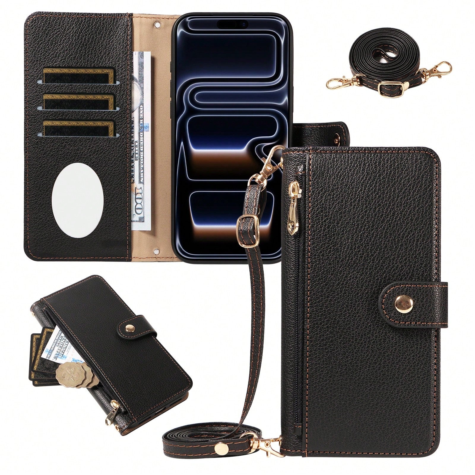 Wallet Card Holder Leather Solid Color Black Leather Wallet 1pc Flip Cover Protective Case Compatible With Apple 17 ProMax/16/15/14/13/12/11 Pro, A56, Compatible With Redmi NOTE 14 PRO 5G, With Card S