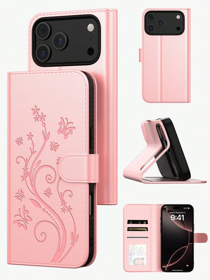 Wallet Phone Case Compatible With Apple 17 Pro Max, 3D Embossed Butterfly Fashion Phone Case Compatible With Apple 13, Apple 11 Card Holder Phone Case, Apple 17 Pro Phone Case With Coin Card Pocket, L