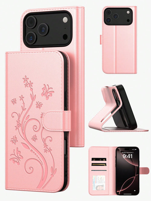 Wallet Phone Case Compatible With Apple 17 Pro Max, 3D Embossed Butterfly Fashion Phone Case Compatible With Apple 13, Apple 11 Card Holder Phone Case, Apple 17 Pro Phone Case With Coin Card Pocket, L