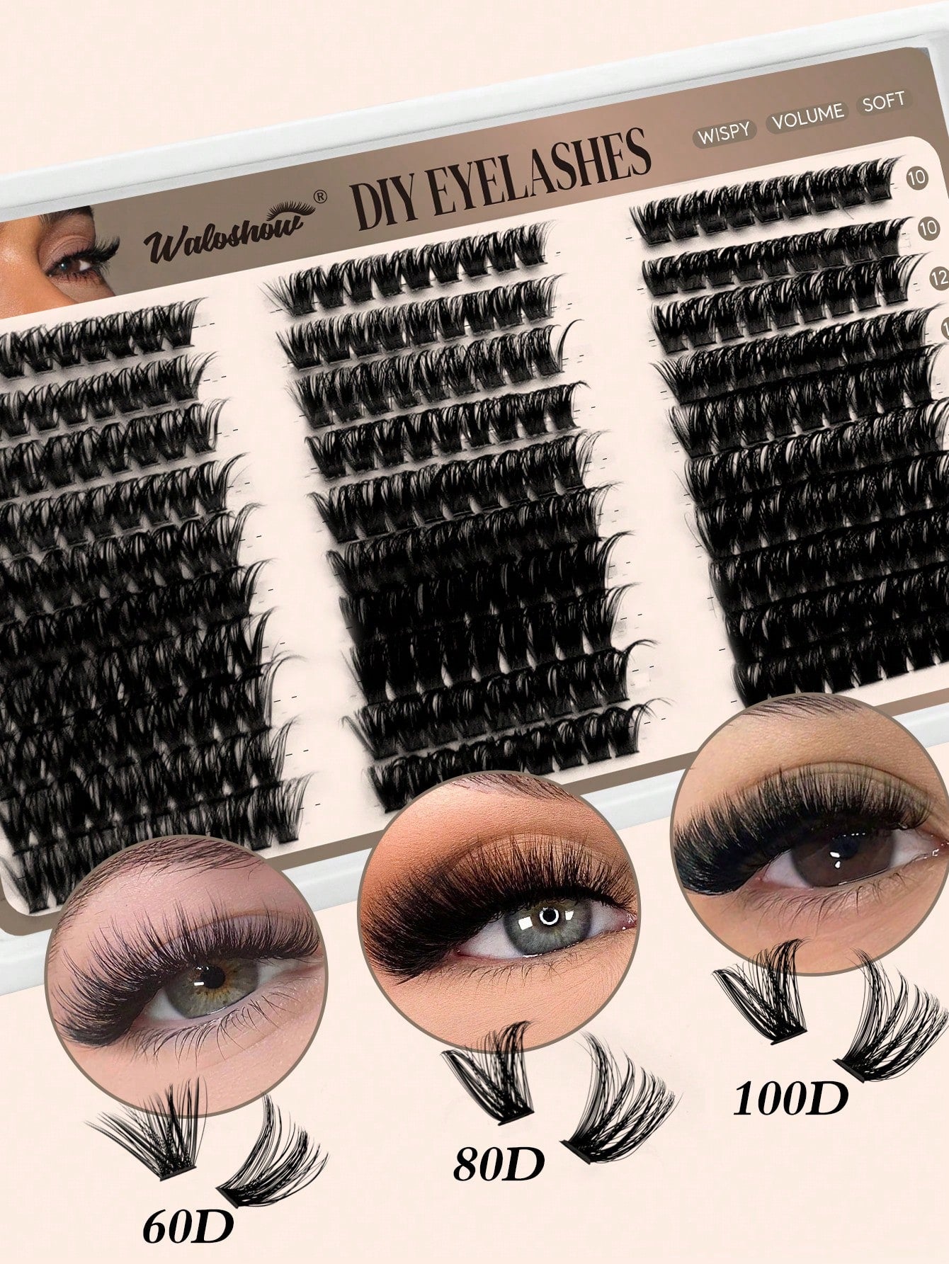 Waloshow 10 Rows 60+80+100pcs 0.07mm Fine Hot Melt Cluster False Eyelashes, 10-16mm Mixed Length Faux Mink 3D Russian Volume Single Cluster Eyelash Extensions, Black, Plastic Box