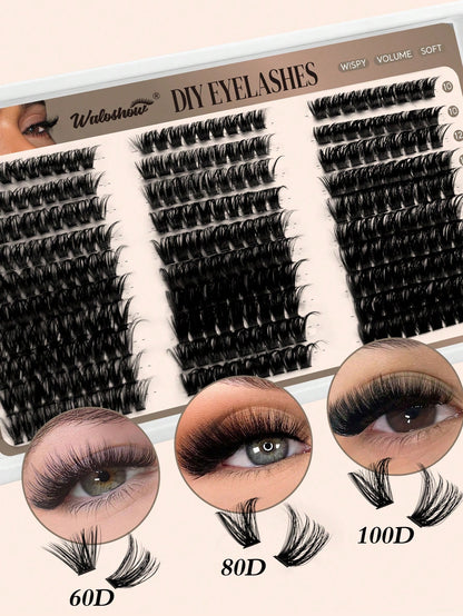 Waloshow 10 Rows 60+80+100pcs 0.07mm Fine Hot Melt Cluster False Eyelashes, 10-16mm Mixed Length Faux Mink 3D Russian Volume Single Cluster Eyelash Extensions, Black, Plastic Box