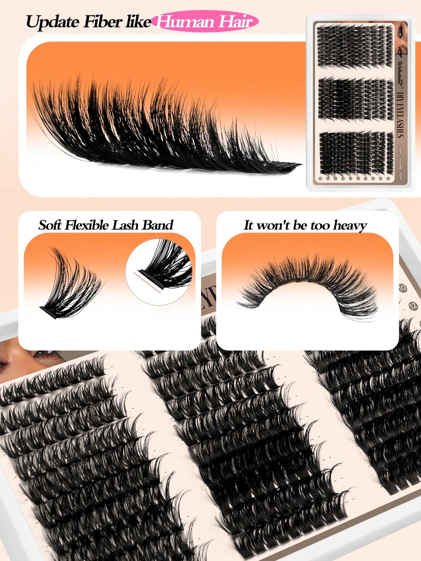 Waloshow 10 Rows 60+80+100pcs 0.07mm Fine Hot Melt Cluster False Eyelashes, 10-16mm Mixed Length Faux Mink 3D Russian Volume Single Cluster Eyelash Extensions, Black, Plastic Box