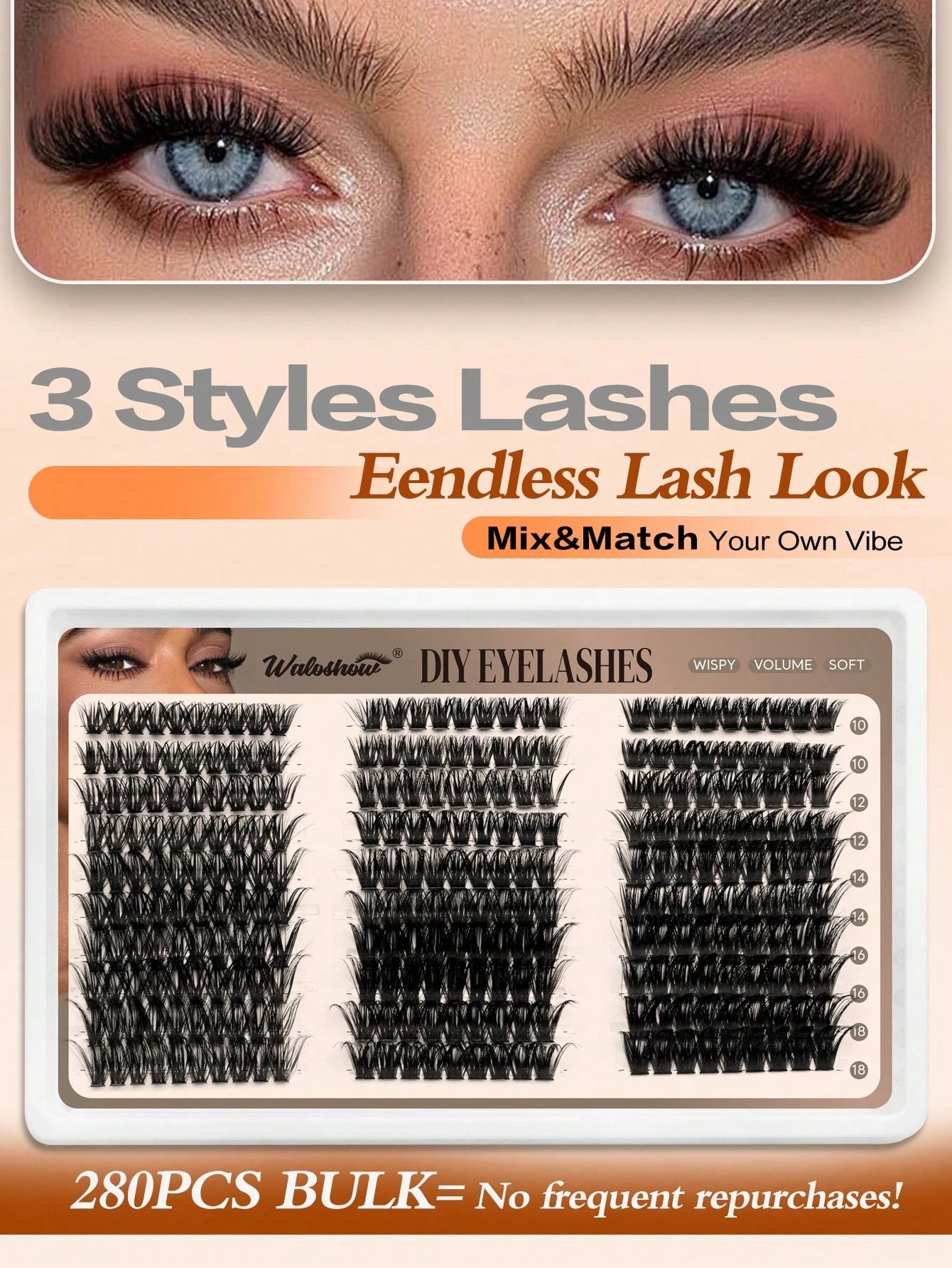 Waloshow 10 Rows 60+80+100pcs 0.07mm Fine Hot Melt Cluster False Eyelashes, 10-16mm Mixed Length Faux Mink 3D Russian Volume Single Cluster Eyelash Extensions, Black, Plastic Box