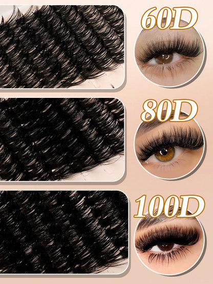 Waloshow 10 Rows 60+80+100pcs 0.07mm Fine Hot Melt Cluster False Eyelashes, 10-16mm Mixed Length Faux Mink 3D Russian Volume Single Cluster Eyelash Extensions, Black, Plastic Box
