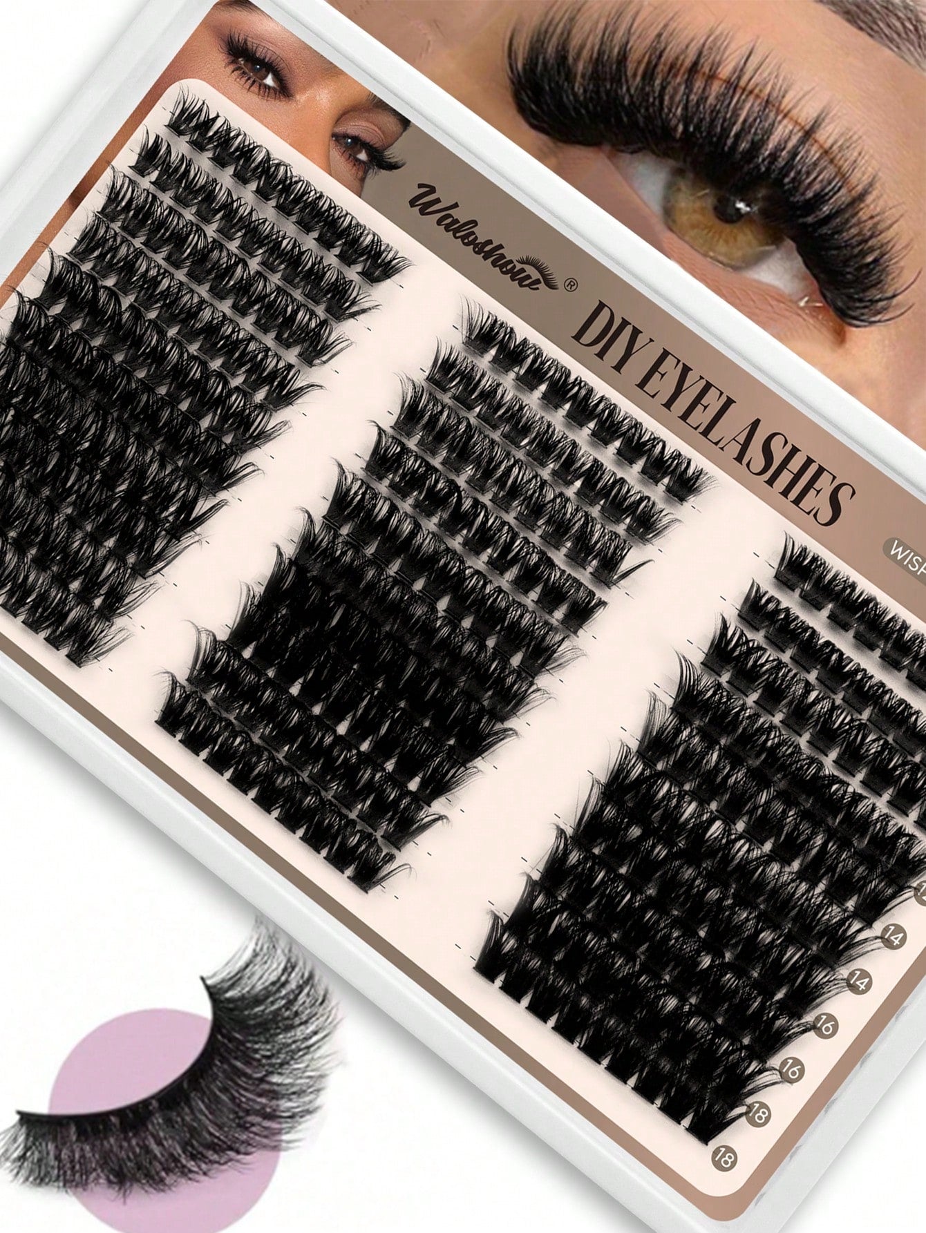 Waloshow 10 Rows 60+80+100pcs 0.07mm Fine Hot Melt Cluster False Eyelashes, 10-16mm Mixed Length Faux Mink 3D Russian Volume Single Cluster Eyelash Extensions, Black, Plastic Box