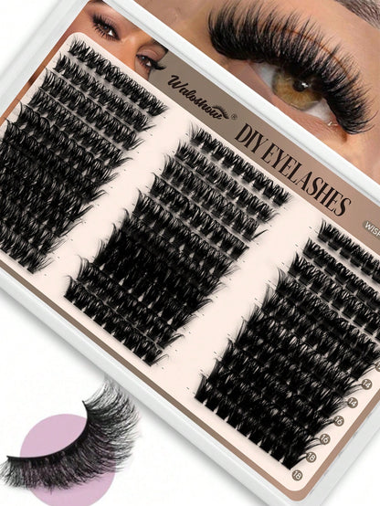 Waloshow 10 Rows 60+80+100pcs 0.07mm Fine Hot Melt Cluster False Eyelashes, 10-16mm Mixed Length Faux Mink 3D Russian Volume Single Cluster Eyelash Extensions, Black, Plastic Box