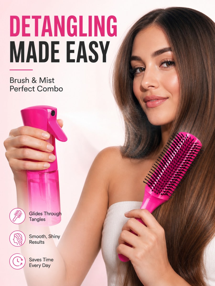 WANMEI 2Pcs Hair Care Set, 200ml Ultra Fine Mist Continuous Spray Bottle & 9 Row Detangler Hair Brush, Smooth Shiny Detangling Comb For Women Men Curly Thick Wet Dry Hair, Portable Travel Hair Styling