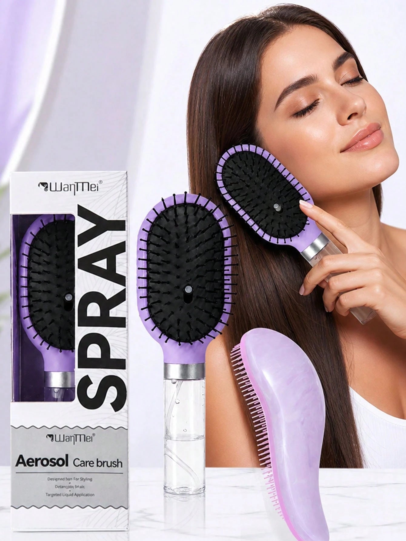 WANMEI 2Pcs Purple Refillable Spray Hair Brush & Curved Massage Hair Comb Set, Fine Mist Anti-Frizz Detangling Hair Styling Brush, Scalp Friendly Anti-Static Hair Grooming Kit For Wet Dry Hair Daily S