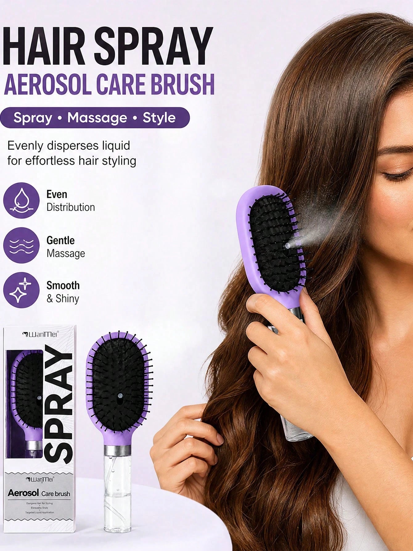 WANMEI 2Pcs Purple Refillable Spray Hair Brush & Curved Massage Hair Comb Set, Fine Mist Anti-Frizz Detangling Hair Styling Brush, Scalp Friendly Anti-Static Hair Grooming Kit For Wet Dry Hair Daily S