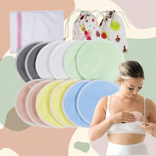 Washable Reusable Breast Nursing Pads, 12 Pack Multicolor 3-Layer Absorbent Leakproof Lactation Pads With Wash & Storage Bags For Breastfeeding Moms