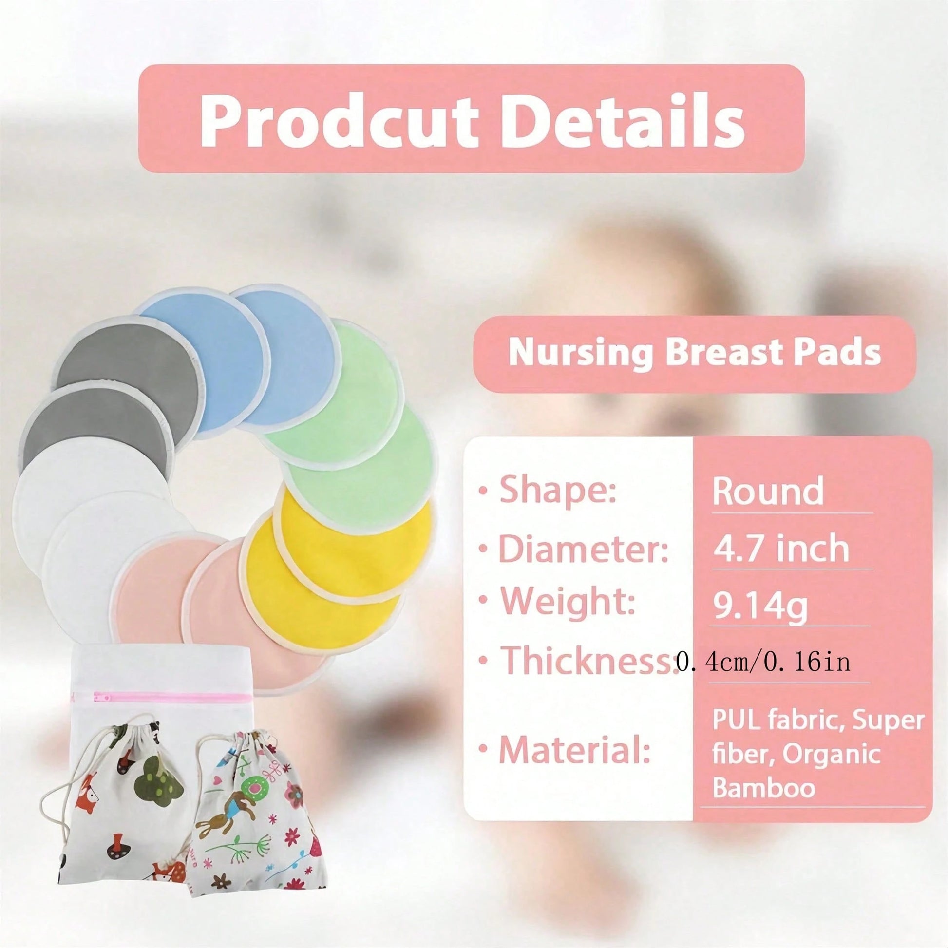 Washable Reusable Breast Nursing Pads, 12 Pack Multicolor 3-Layer Absorbent Leakproof Lactation Pads With Wash & Storage Bags For Breastfeeding Moms