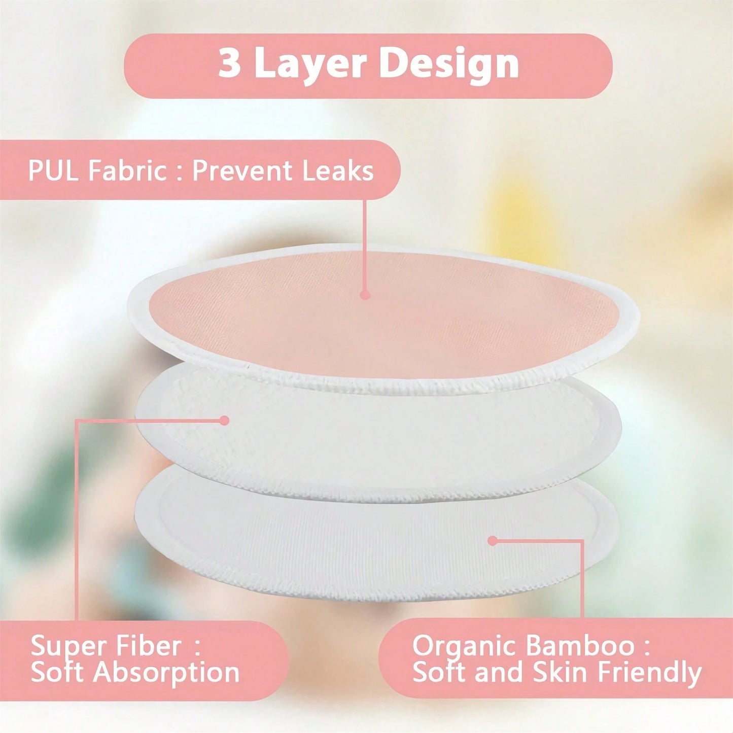 Washable Reusable Breast Nursing Pads, 12 Pack Multicolor 3-Layer Absorbent Leakproof Lactation Pads With Wash & Storage Bags For Breastfeeding Moms