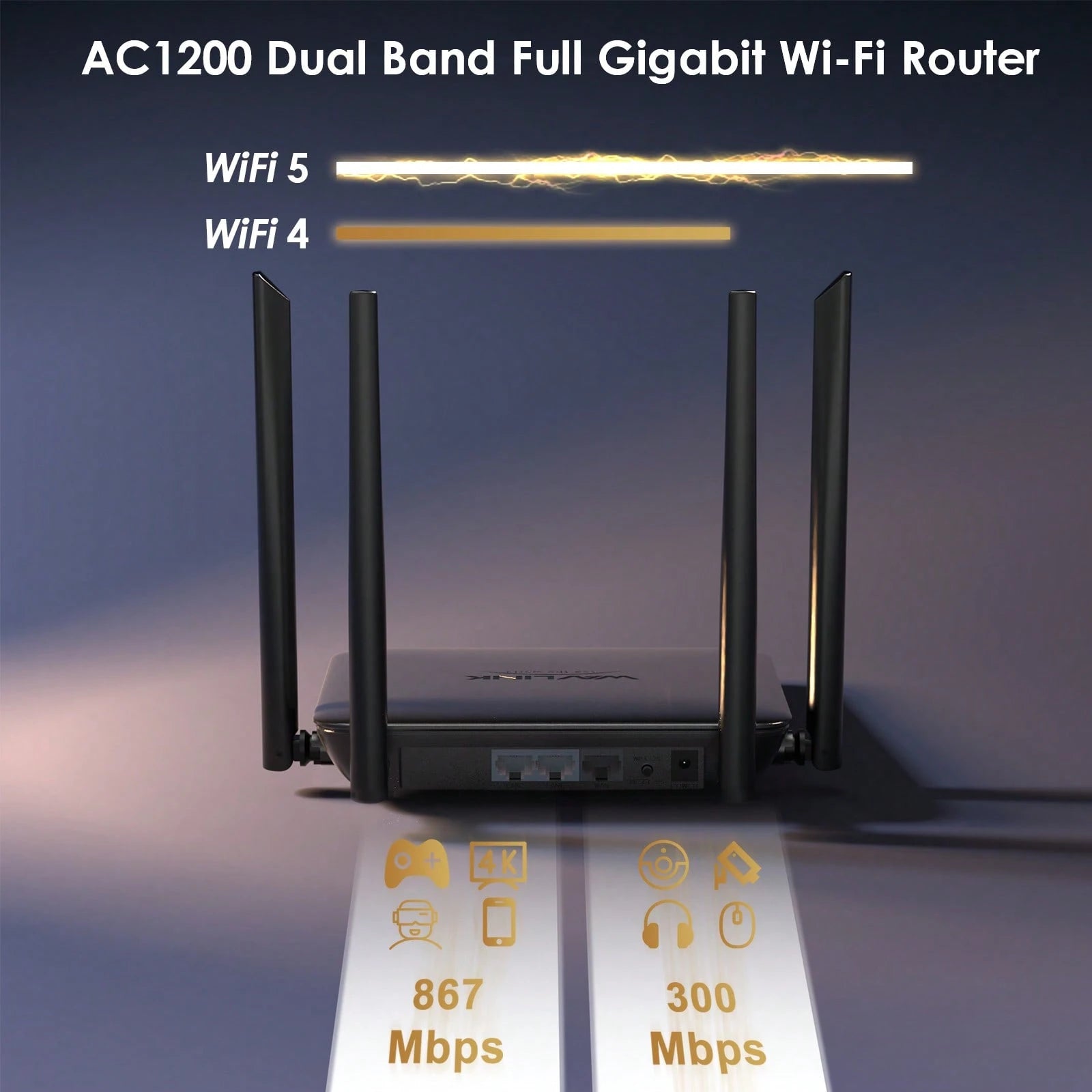 WAVLINK Dual Band WiFi Router AC1200Mbps For Home- High Speed Wireless Internet Router With 4x5dBi Antennas For Long Range, Up To 128 Devices| 5G & 2.4Ghz Gigabit Ports| MU-MIMO & Beamforming, Idea
