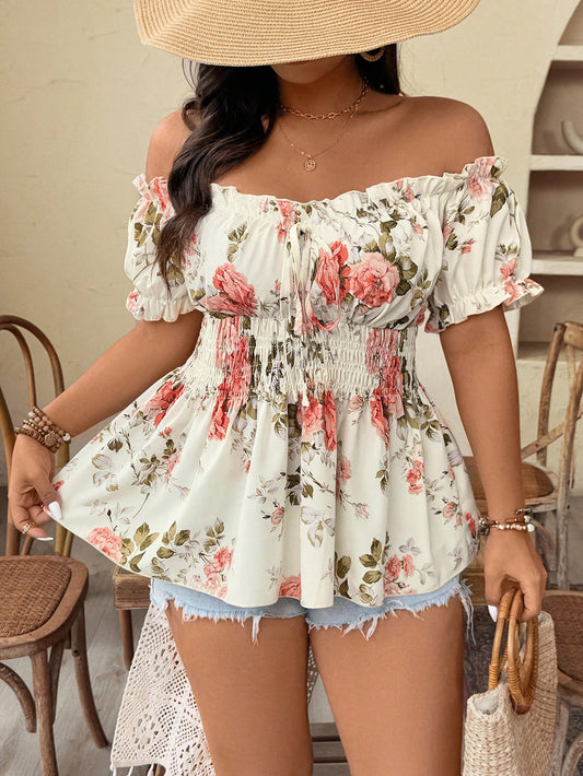 Weeklong Plus Size Women Off-Shoulder Cinched Waist Floral Print Elegant Fashionable Blouse Top, Suitable For Date, Travel And More, Spring/Summer