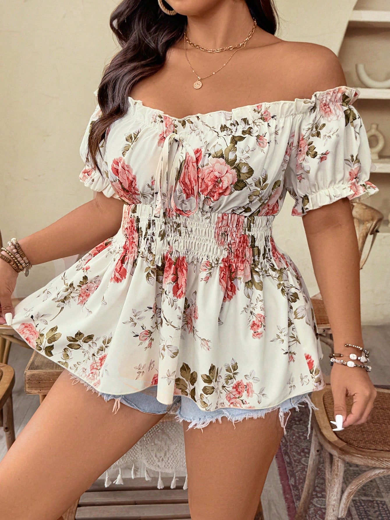 Weeklong Plus Size Women Off-Shoulder Cinched Waist Floral Print Elegant Fashionable Blouse Top, Suitable For Date, Travel And More, Spring/Summer
