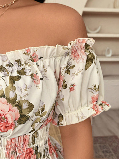 Weeklong Plus Size Women Off-Shoulder Cinched Waist Floral Print Elegant Fashionable Blouse Top, Suitable For Date, Travel And More, Spring/Summer