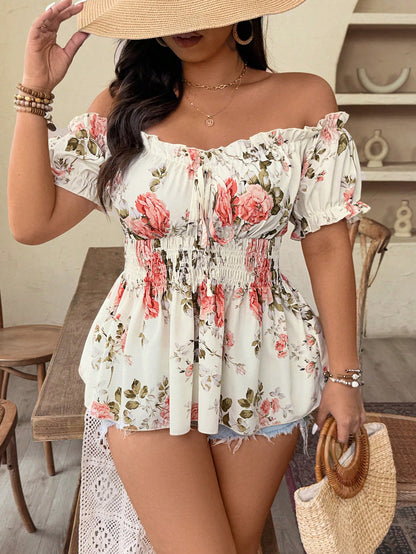 Weeklong Plus Size Women Off-Shoulder Cinched Waist Floral Print Elegant Fashionable Blouse Top, Suitable For Date, Travel And More, Spring/Summer