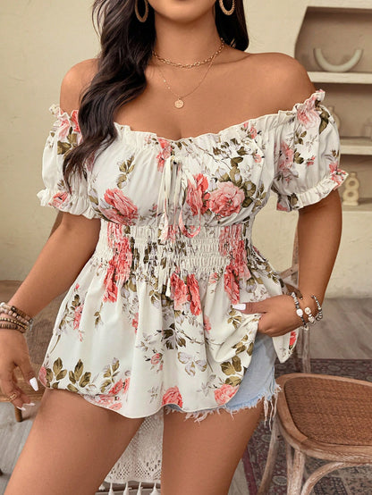 Weeklong Plus Size Women Off-Shoulder Cinched Waist Floral Print Elegant Fashionable Blouse Top, Suitable For Date, Travel And More, Spring/Summer