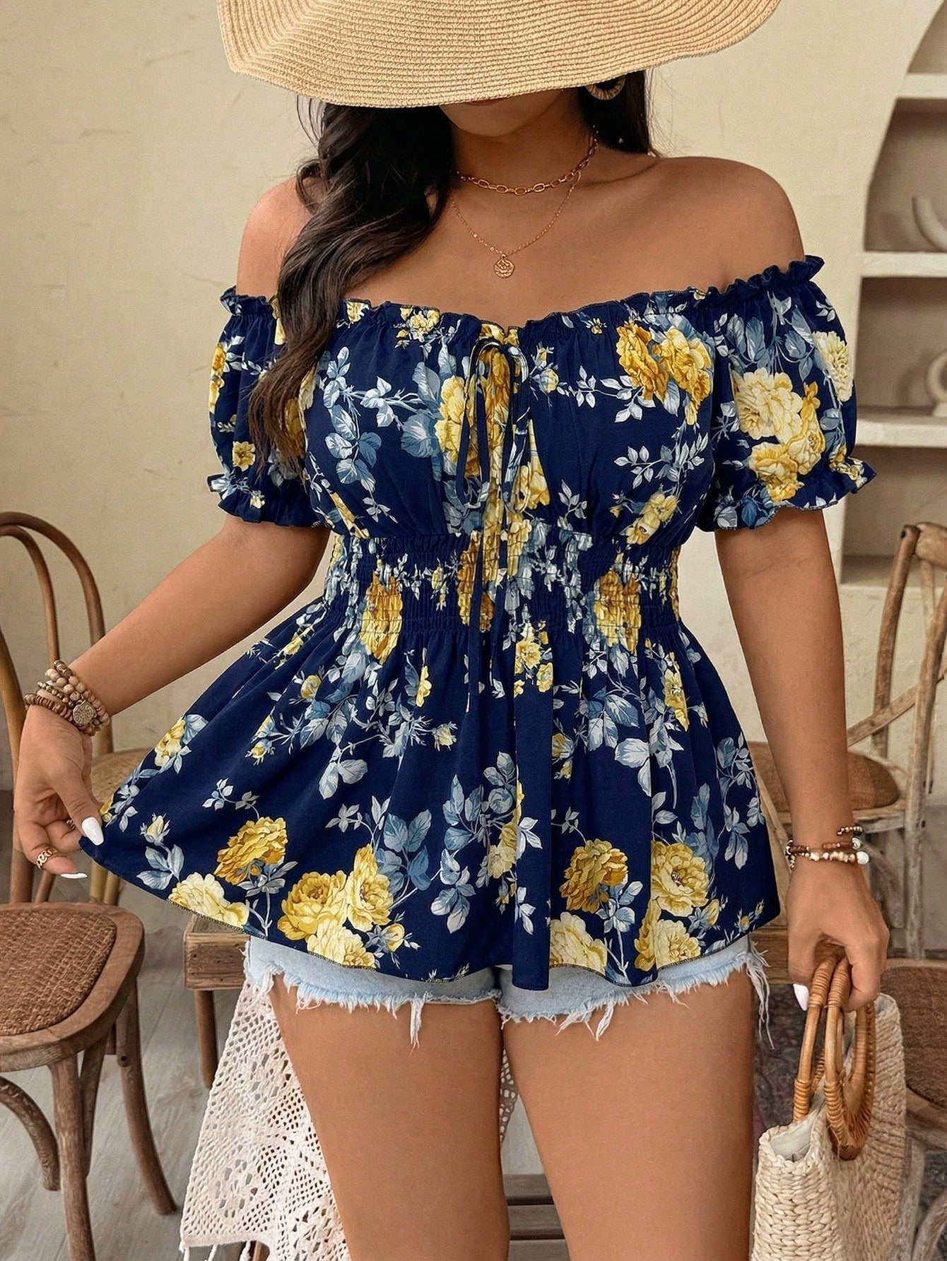 Weeklong Plus Size Women Off-Shoulder Cinched Waist Floral Print Elegant Fashionable Blouse Top, Suitable For Date, Travel And More, Spring/Summer