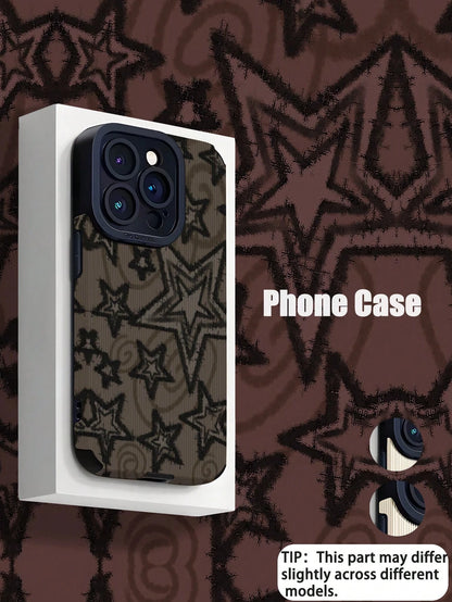 WeiMi 1pc Vintage Black Star Print Vertical Striped Faux Leather Protective Soft Phone Case Compatible With IPhone And S16/S16 Plus/S16 Pro/S16 Pro Max