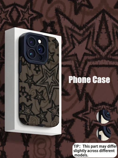 WeiMi 1pc Vintage Black Star Print Vertical Striped Faux Leather Protective Soft Phone Case Compatible With IPhone And S16/S16 Plus/S16 Pro/S16 Pro Max