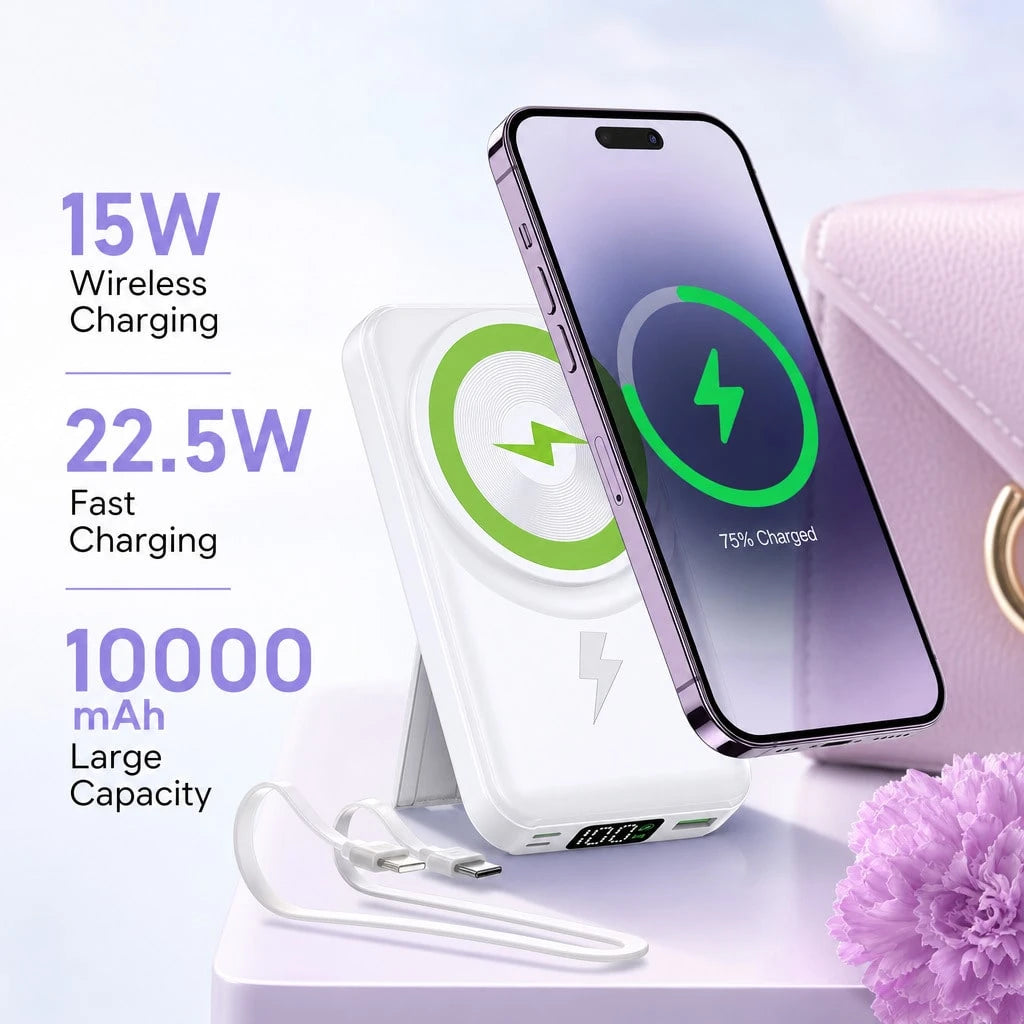 White 10000mAh Magnetic Wireless Power Bank With 15W Wireless And 22.5W Fast Charging, With Visible Percentage Readout, Raised Green Alignment Circle And Fold-Out Phone Stand, Compatible With IPhone 1