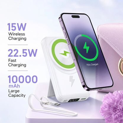 White 10000mAh Magnetic Wireless Power Bank With 15W Wireless And 22.5W Fast Charging, With Visible Percentage Readout, Raised Green Alignment Circle And Fold-Out Phone Stand, Compatible With IPhone 1