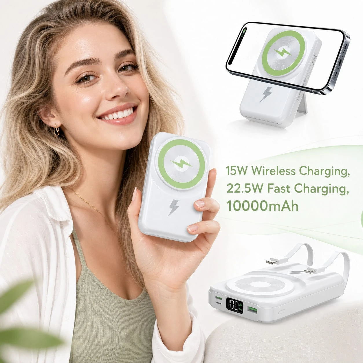 White 10000mAh Magnetic Wireless Power Bank With 15W Wireless And 22.5W Fast Charging, Featuring A Bright Battery Percentage Display, Smooth White Finish And Folding Kickstand, Designed For IPhone 16
