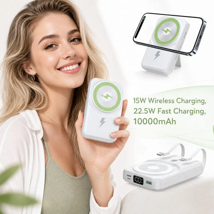 White 10000mAh Magnetic Wireless Power Bank With 15W Wireless And 22.5W Fast Charging, Featuring A Bright Battery Percentage Display, Smooth White Finish And Folding Kickstand, Designed For IPhone 16
