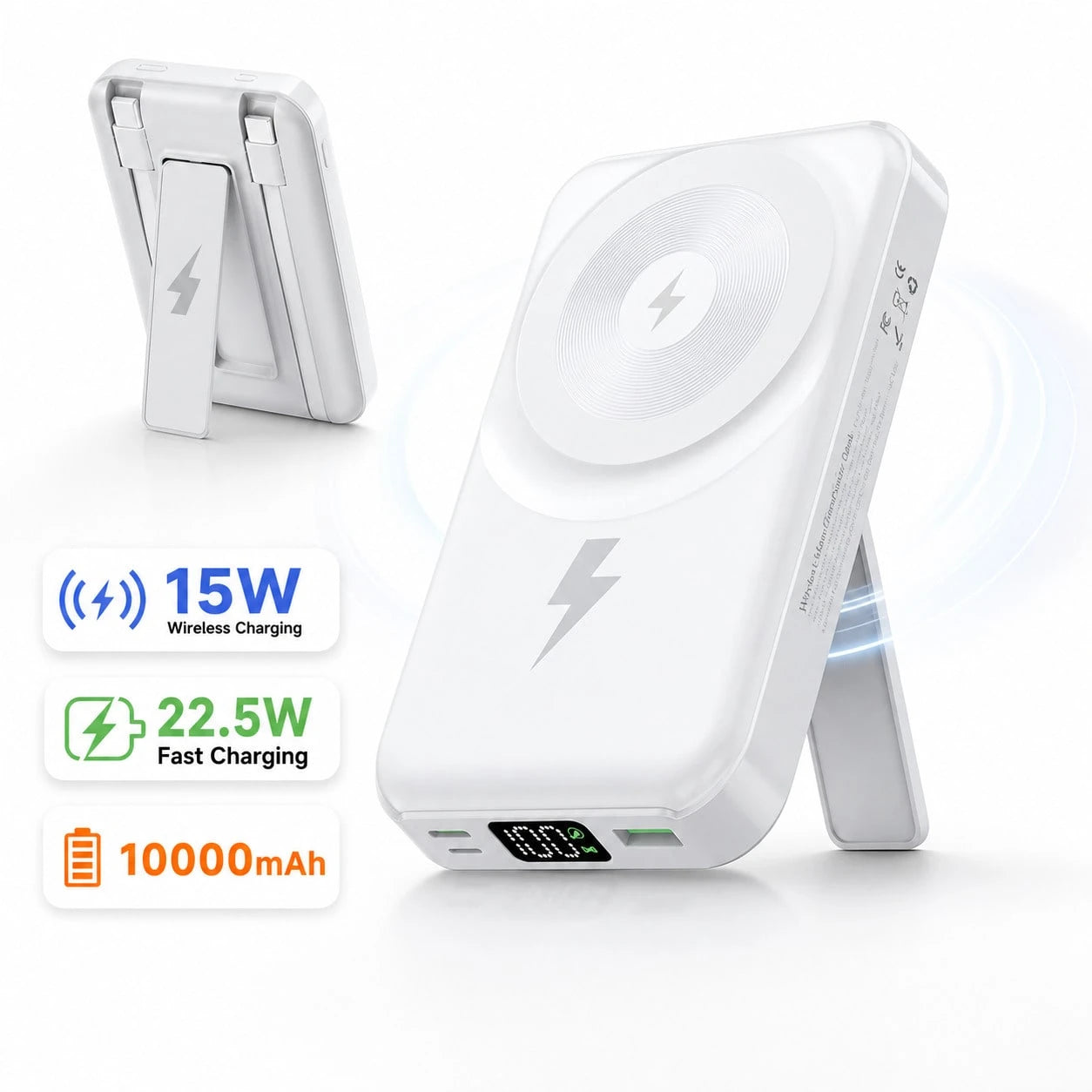 White 10000mAh Magnetic Wireless Power Bank With 15W Wireless And 22.5W Fast Charging, With Clear LED Power Level Readout, Circular Green Pad And Rear Stand For Upright Viewing, Suited To Magnetic-Rea