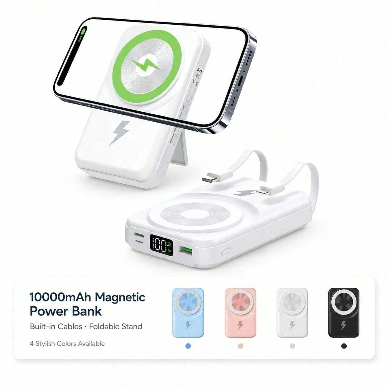 White 10000mAh Magnetic Wireless Power Bank With 15W Wireless And 22.5W Fast Charging, With Clear LED Power Level Readout, Circular Green Pad And Rear Stand For Upright Viewing, Suited To Magnetic-Rea
